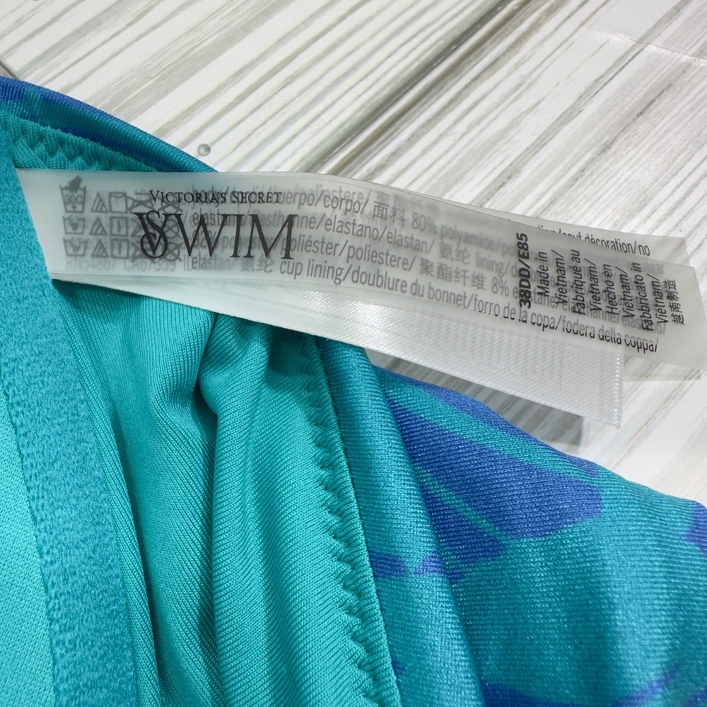 NEW VS Swim Push Up Halter Bikini Top Teal Blue Tropical Palm 36DDD - Picture 4 of 9